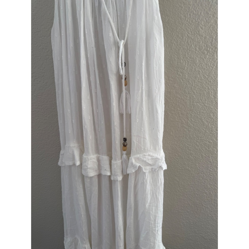 Blue Island White Boho Maxi Dress Small Swiss Dot Tiered Tassel Rayon 7460-267‎ - Picture 3 of 7